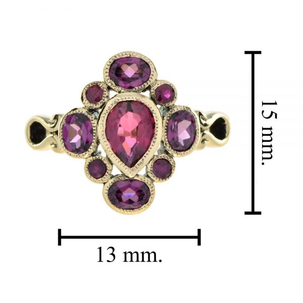 Pink Tourmaline with Ruby and Rhodolite Cluster Ring