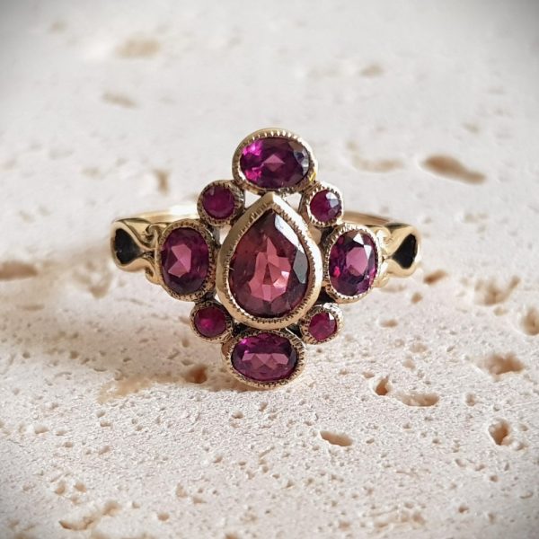 Pink Tourmaline with Ruby and Rhodolite Cluster Ring