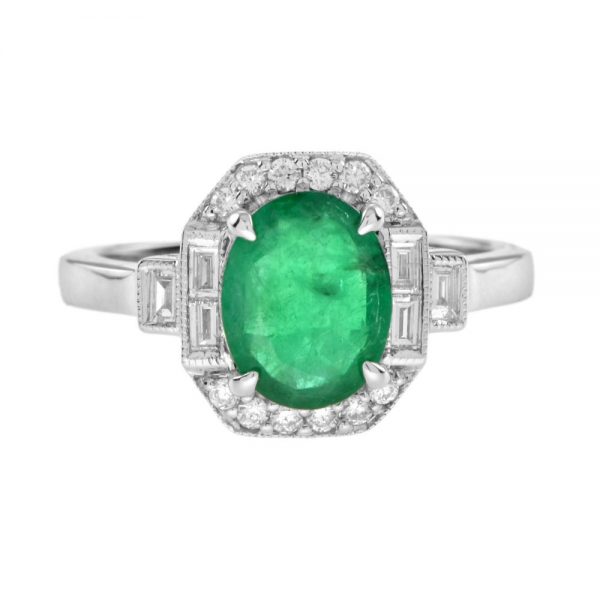 Contemporary 1.70ct Oval Cabochon Emerald and Diamond Cluster Ring