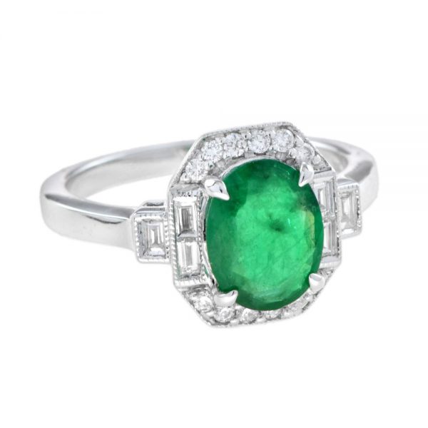 Contemporary 1.70ct Oval Cabochon Emerald and Diamond Cluster Ring