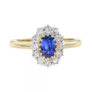 0.85ct Ceylon Sapphire and Diamond Oval Cluster Ring