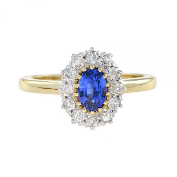 0.85ct Ceylon Sapphire and Diamond Oval Cluster Ring