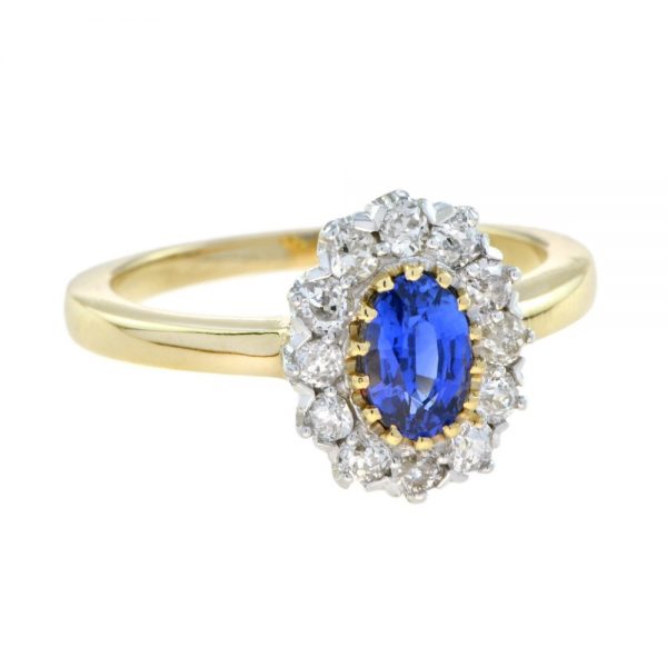 0.85ct Ceylon Sapphire and Diamond Oval Cluster Ring