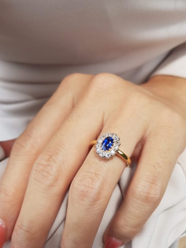 0.85ct Ceylon Sapphire and Diamond Oval Cluster Ring