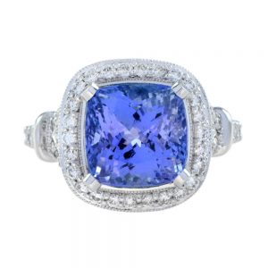 6.68ct Cushion Cut Tanzanite and Diamond Cluster Dress Ring