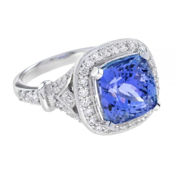 6.68ct Cushion Cut Tanzanite and Diamond Cluster Dress Ring