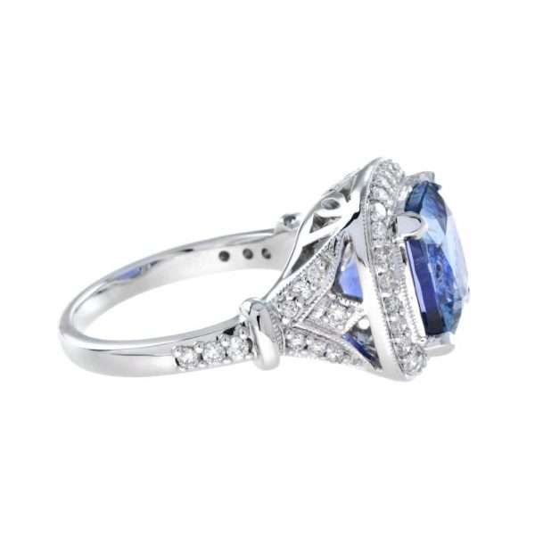 6.68ct Cushion Cut Tanzanite and Diamond Cluster Dress Ring