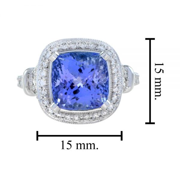 6.68ct Cushion Cut Tanzanite and Diamond Cluster Dress Ring