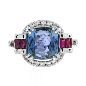 6.15ct Cushion Cut Tanzanite, Ruby and Diamond Dress Ring