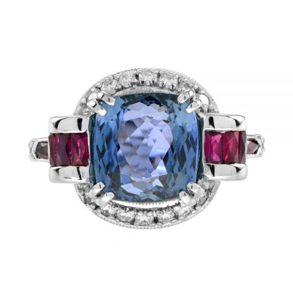 6.15ct Cushion Cut Tanzanite, Ruby and Diamond Dress Ring