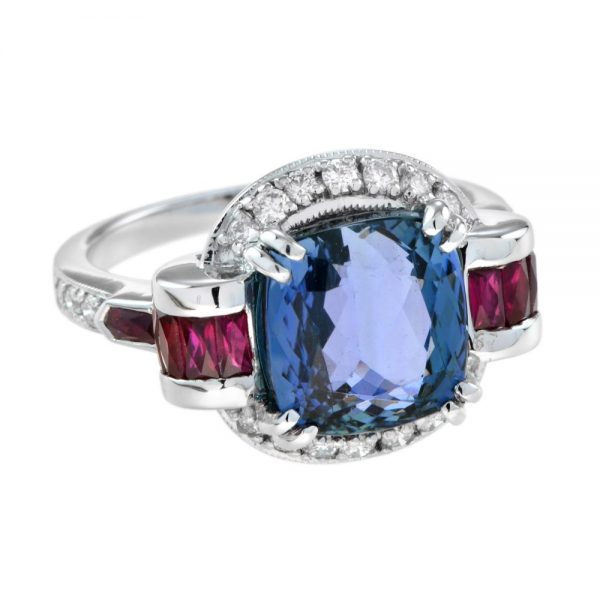 6.15ct Cushion Cut Tanzanite, Ruby and Diamond Dress Ring