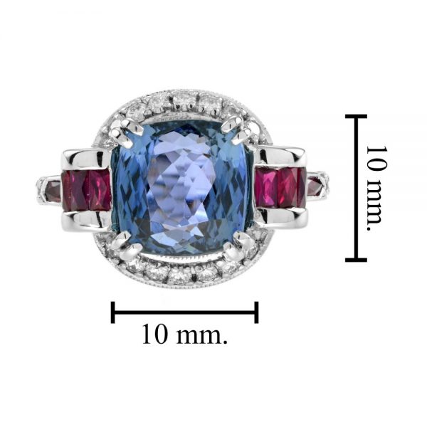 6.15ct Cushion Cut Tanzanite, Ruby and Diamond Dress Ring