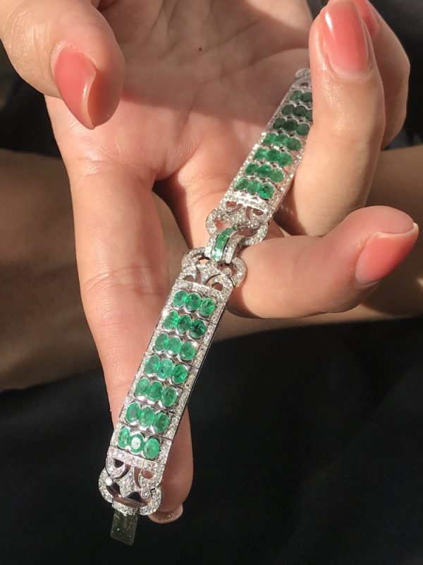 Art Deco Style 12.89ct Emerald and Diamond Link Bracelet