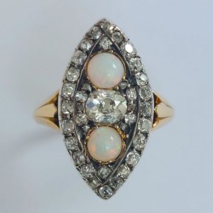 Victorian Antique Opal and Diamond Marquise Shaped Ring