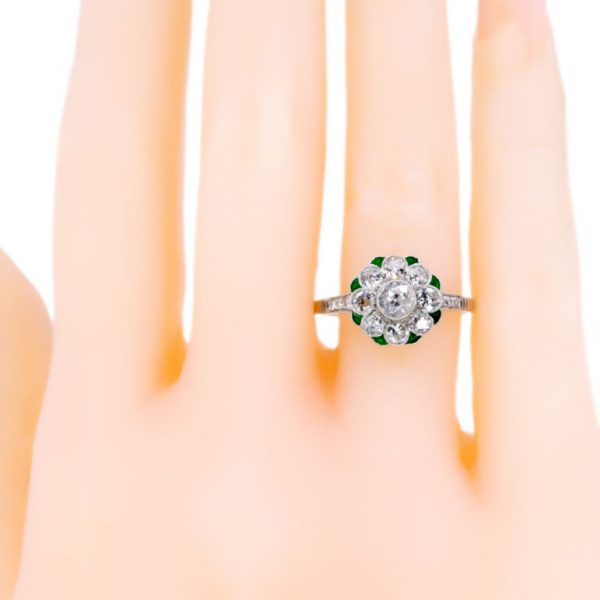 Vintage 0.80ct Diamond and Emerald Floral Target Ring