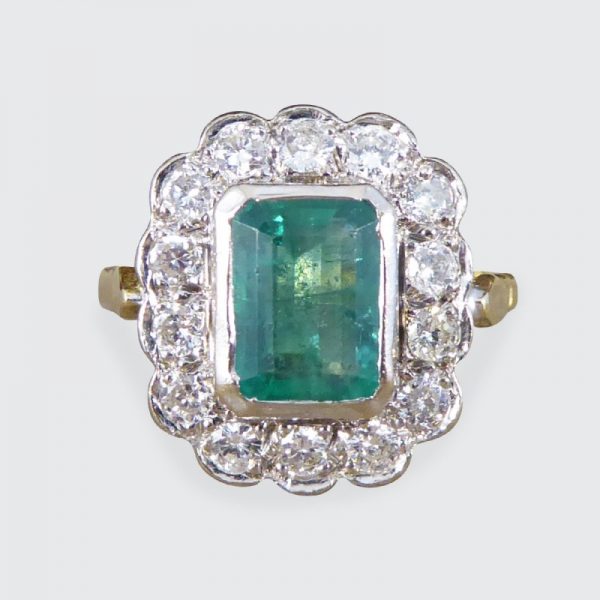 Vintage 1.25ct Emerald and 0.50ct Diamond Cluster Ring