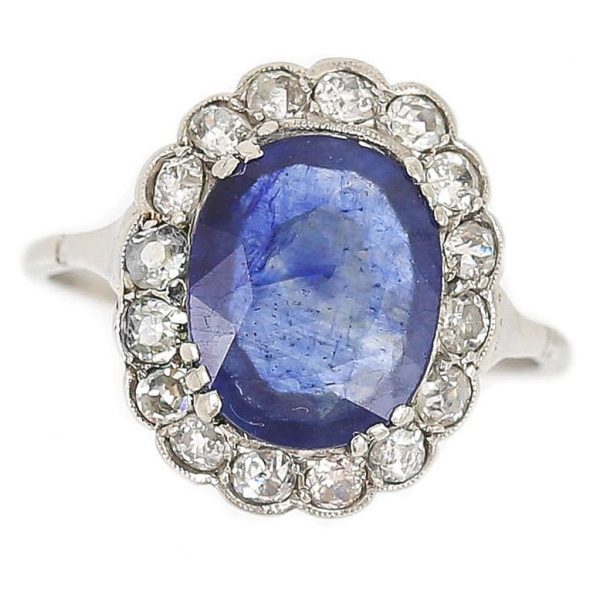 Art Deco 2.8ct Sapphire and Old Mine Cut Diamond Cluster Ring in Platinum