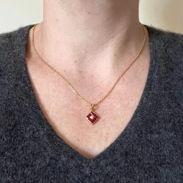 0.96ct Princess Cut Ruby and Diamond Square Cluster Pendant