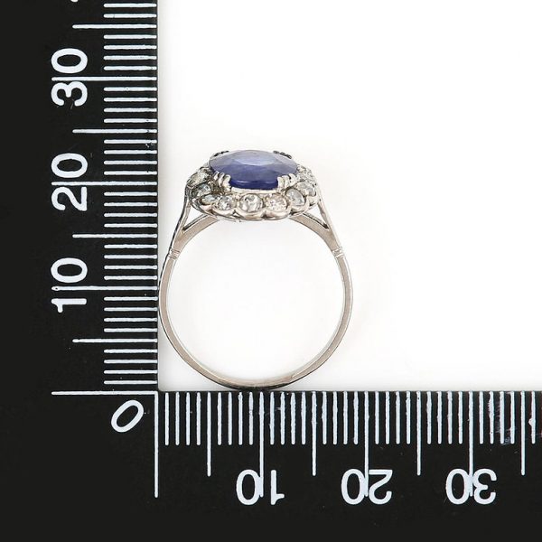 Art Deco 2.8ct Sapphire and Old Cut Diamond Oval Cluster Ring in Platinum