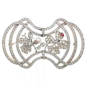 Art Nouveau 10cts Old Cut Diamond Oak Leaf and Trefoil Clover Brooch with Natural Pearl and Ruby