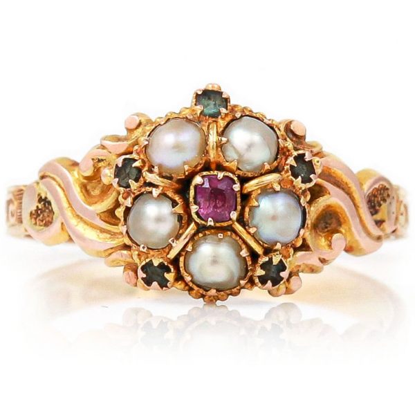 Antique Victorian Pink Sapphire Pearl and Green Beryl 15ct Gold Ornate Ring