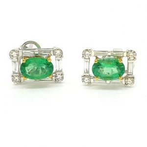 Contemporary Brilliant and Baguette Diamond and Emerald Cluster Earrings