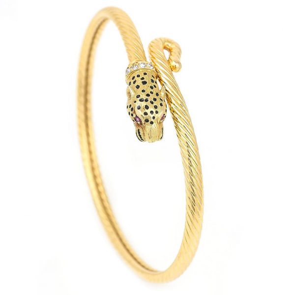 Vintage Gold Leopards Head Bangle with Diamonds, Rubies and Black Enamel Spots