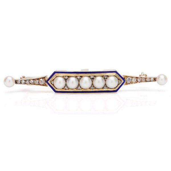 Antique Victorian Rose Cut Diamond and Pearl Bar Brooch in 18ct Yellow Gold with Blue Enamel