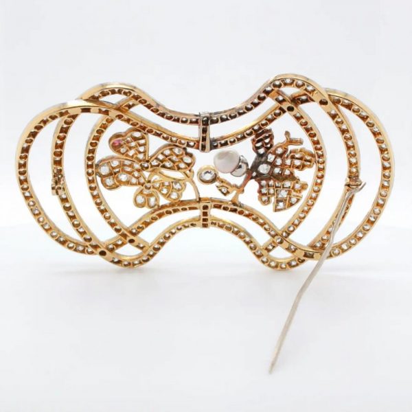 Art Nouveau 10cts Old Cut Diamond Oak Leaf and Trefoil Clover Brooch with Natural Pearl and Ruby