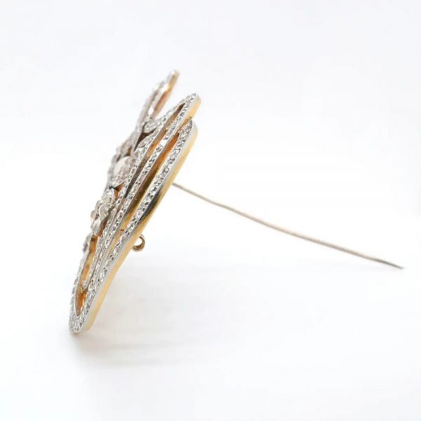 Art Nouveau Diamond Trefoil Brooch with Pearl and Ruby