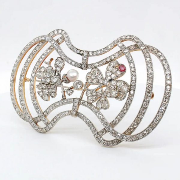 Art Nouveau Old Cut Diamond Brooch with Natural Pearl and Ruby
