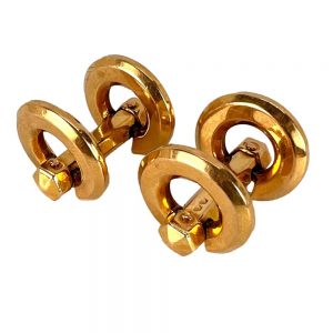 Mecan Elde French 18ct Yellow Gold Geometric Cufflinks, designed as a pair of hexagonal gold bars with circle terminals