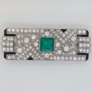 Art Deco Colombian Emerald Onyx and Diamond Brooch