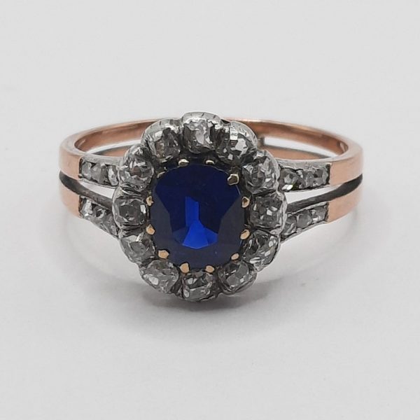 Antique French 1.07ct Sapphire and Diamond Cluster Dress Ring