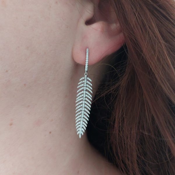 Articulated Feather Diamond Drop Earrings in White Gold