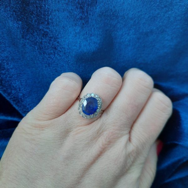 Art Deco 2.8ct Sapphire and Old Cut Diamond Cluster Ring