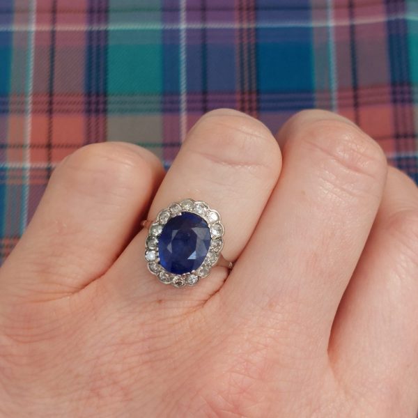 Art Deco 2.8ct Sapphire and Old Cut Diamond Cluster Ring