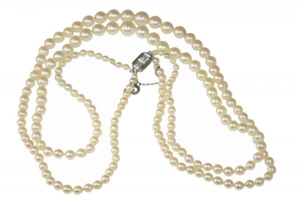 Vintage French Double Strand Pearl Necklace with Diamond Clasp