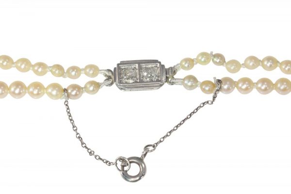 Vintage French Double Strand Pearl Necklace with Diamond Clasp