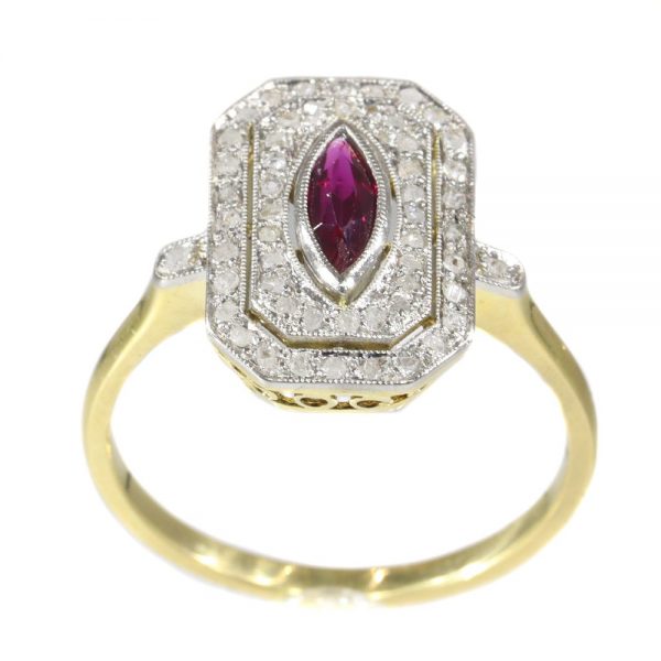French Belle Epoque 0.30ct Marquise Ruby and Rose Cut Diamond Cluster Ring