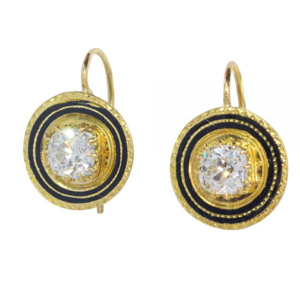 Antique Early Victorian 1.66ct Old Mine Cut Diamond Drop Earrings with Black Enamel in 18ct Yellow gold, Circa 1830