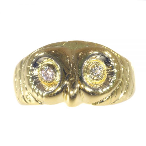 Vintage Interbellum 18ct Yellow Gold Owl Ring with Diamond Eyes