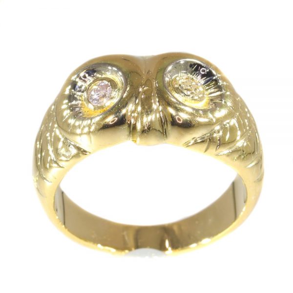 Vintage Interbellum 18ct Yellow Gold Owl Ring with Diamond Eyes