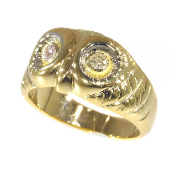 Vintage Interbellum 18ct Yellow Gold Owl Ring with Diamond Eyes