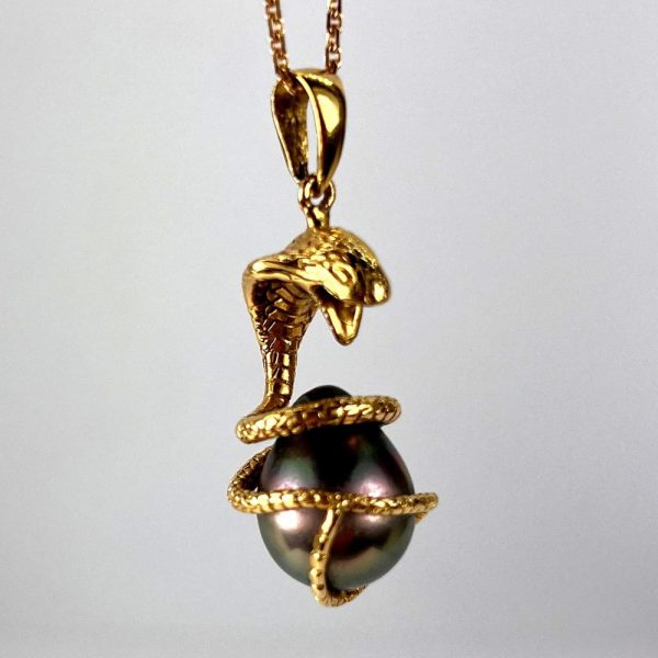 King Cobra Snake and Black Tahitian Pearl Pendant