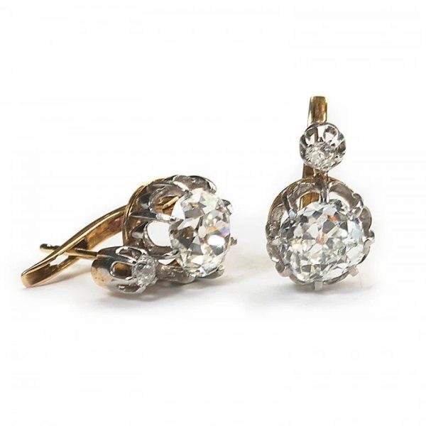 Antique Edwardian 2.60ct Cushion Shaped Old Cut Diamond Drop Earrings