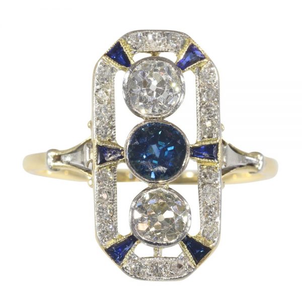 Art Deco Sapphire and Diamond Trilogy Plaque Ring