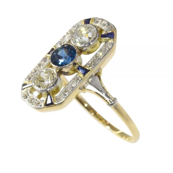 Art Deco Sapphire and Diamond Trilogy Plaque Ring