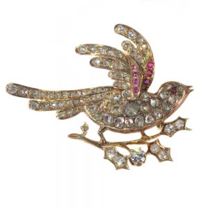 Antique Victorian Old Cut Diamond Bird Brooch with Rubies