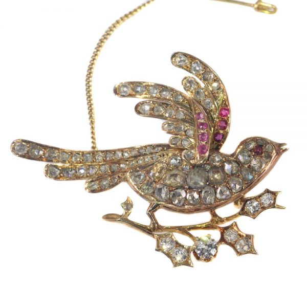 Antique Victorian Old Cut Diamond Bird Brooch with Rubies